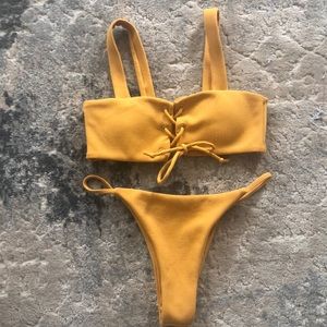 mustard yellow lace up high waist bikini